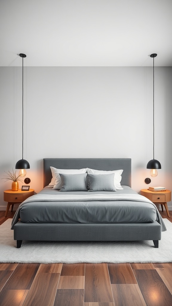 A contemporary grey bed with stylish lighting in a minimalistic bedroom setup.