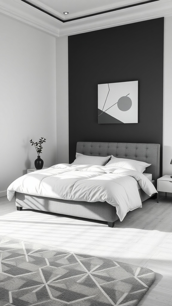 A minimalist bedroom featuring a grey bed, geometric rug, and contemporary wall art.
