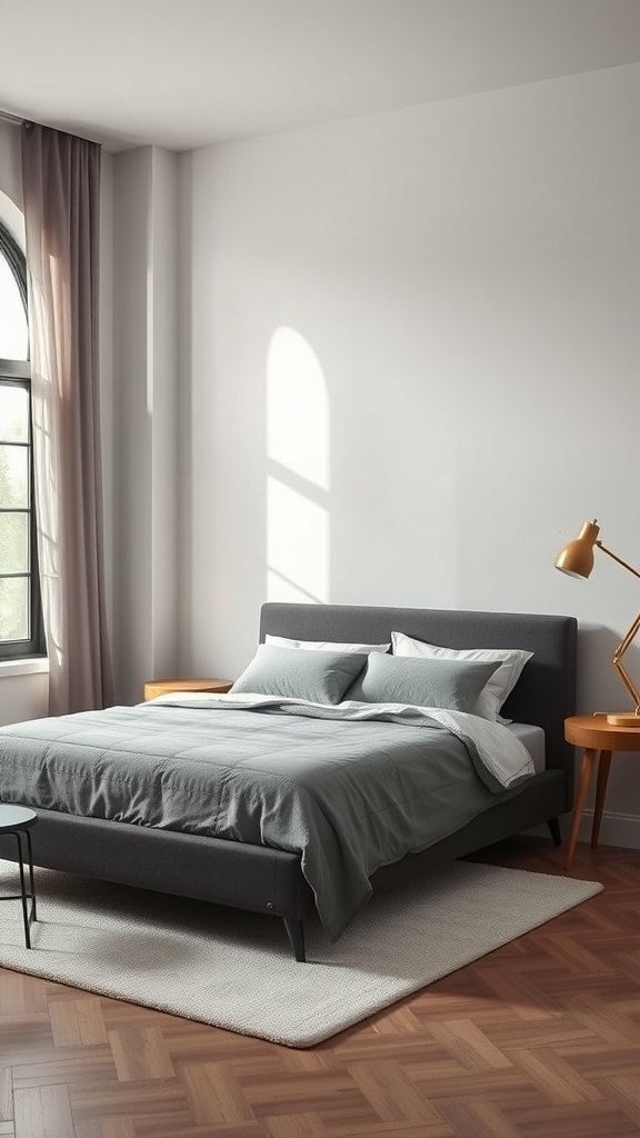 A stylish bedroom featuring a dark grey bed against light walls, complemented by soft lighting and wooden accents.