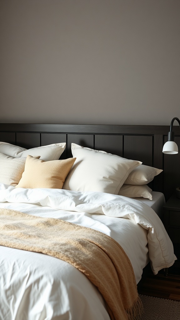 A cozy bedroom with dark wood elements and light textiles, featuring a dark wooden headboard, white bedding, and light-colored pillows.