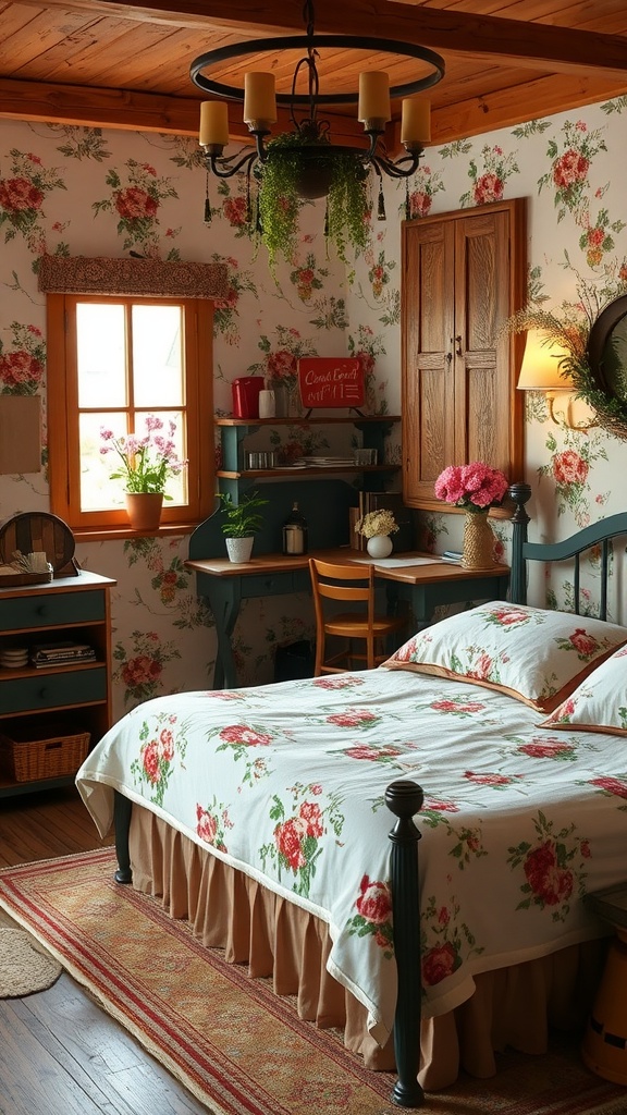 A cozy bedroom featuring floral patterns, wooden elements, and soft lighting, embodying cottagecore aesthetics.