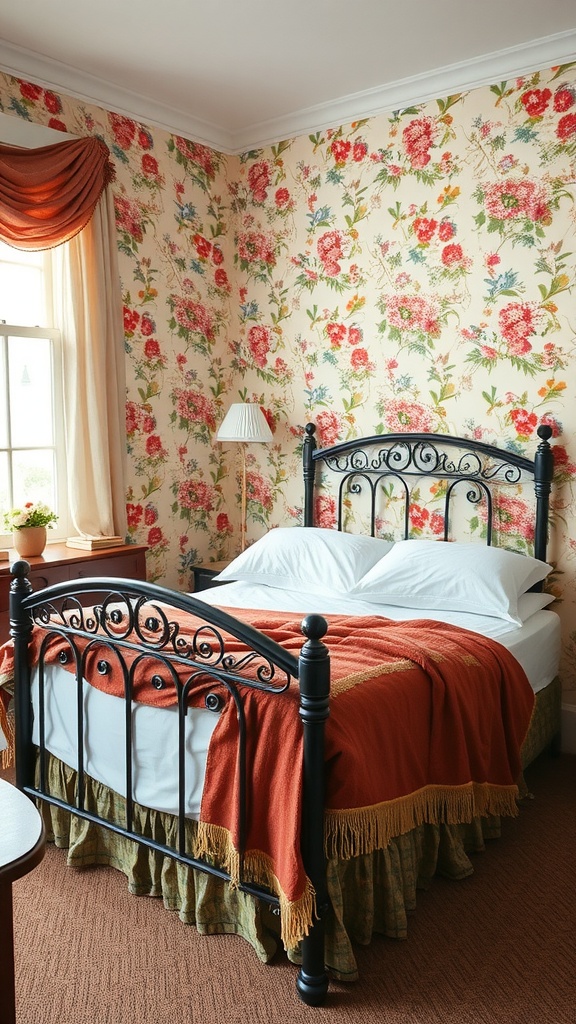 A cozy vintage bedroom with floral wallpaper, a wrought-iron bed, and warm-colored throw blanket.