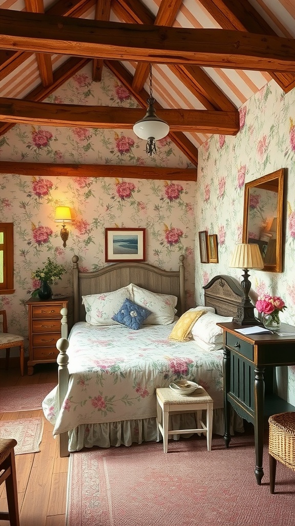 A cozy cottage-style bedroom featuring floral wallpaper, wooden beams, and vintage furniture.