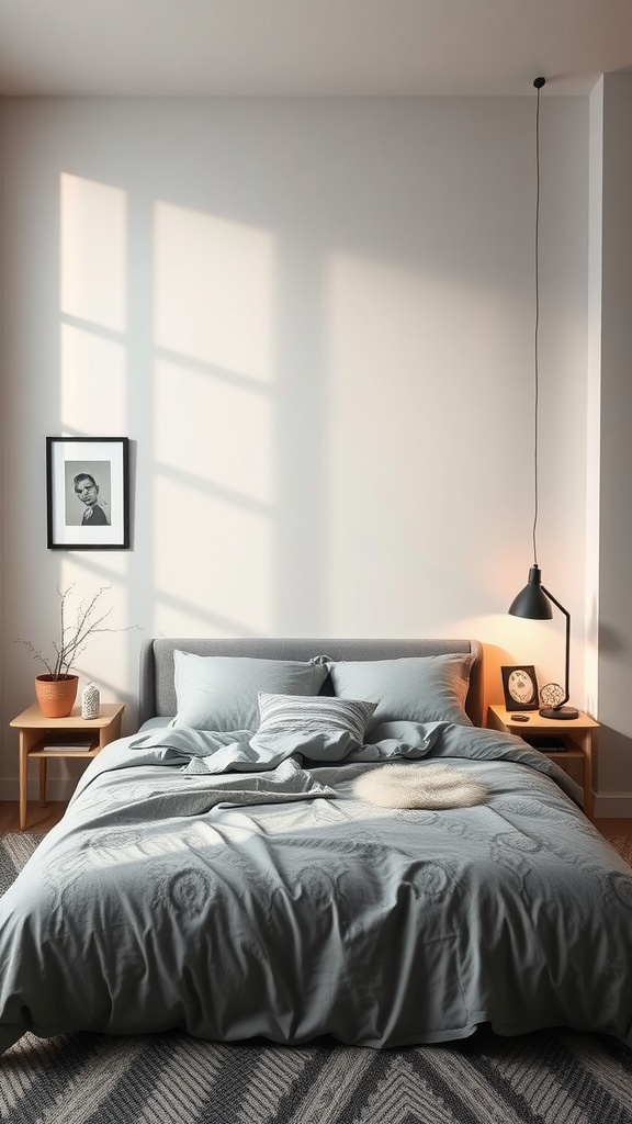 A cozy bedroom featuring a grey bed, soft bedding, and minimal decor.