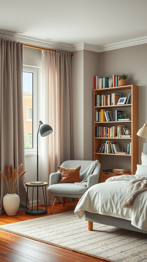 A cozy reading nook in a modern bedroom featuring a light gray armchair, a small side table, and a bookshelf filled with books.