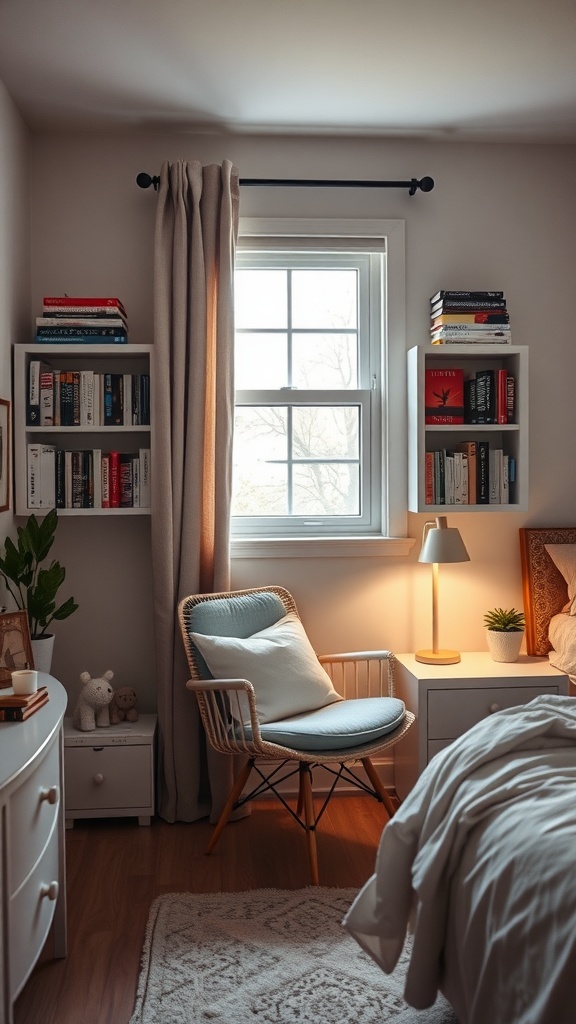 Cozy reading nook in a bedroom featuring IKEA chair and bookshelves
