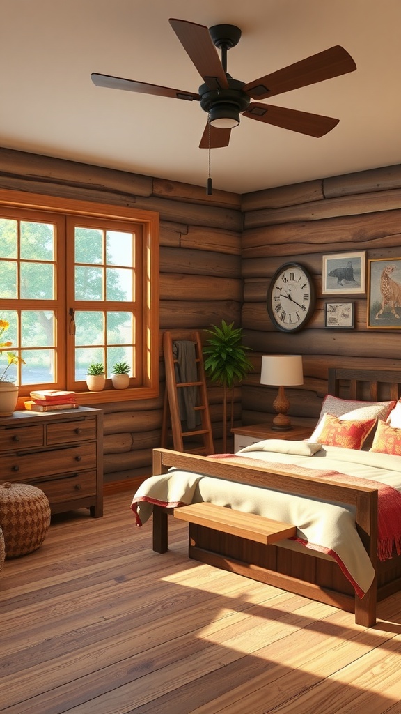 A cozy rustic bedroom with wooden walls, a fan, and warm furnishings.