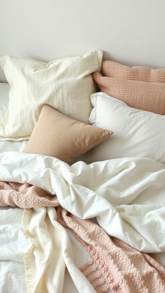 Cozy bed with layered pillows and blankets showcasing soft textures.