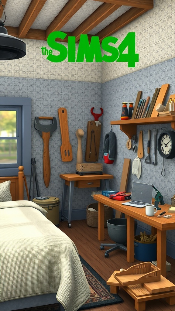 A cozy bedroom styled as a craftsman's workshop, featuring tools, a workbench, and a warm color palette.