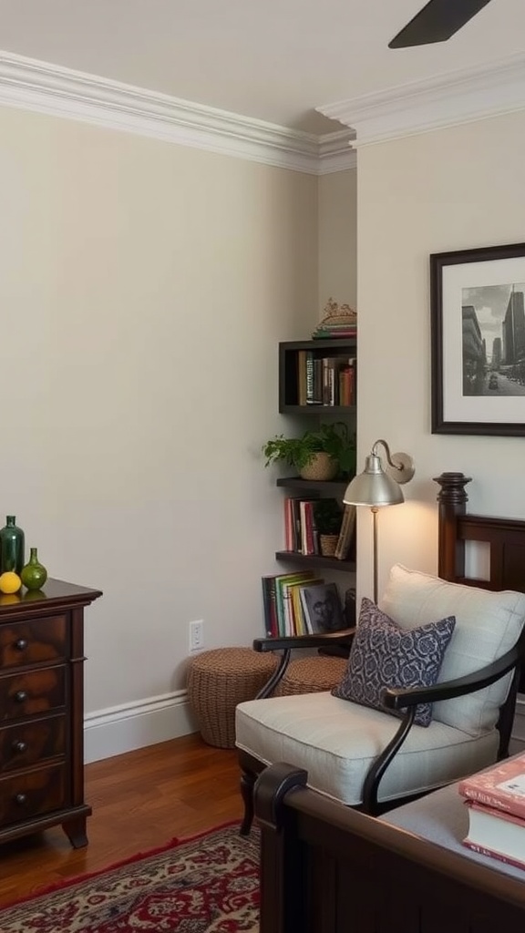Cozy reading nook with dark wood furniture and a warm inviting atmosphere.