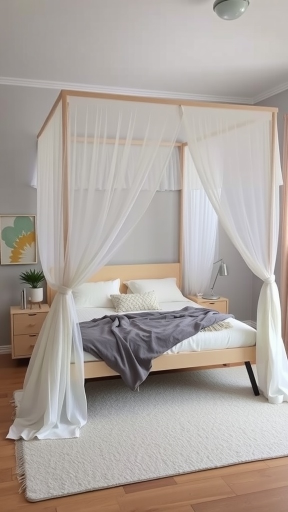 A cozy bedroom featuring a canopy bed with soft curtains, light wood frame, and minimalist decor.