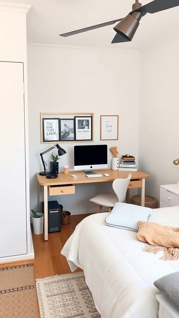 A cozy bedroom corner featuring a desk with a computer, stylish lamp, and decorative frames on the wall.
