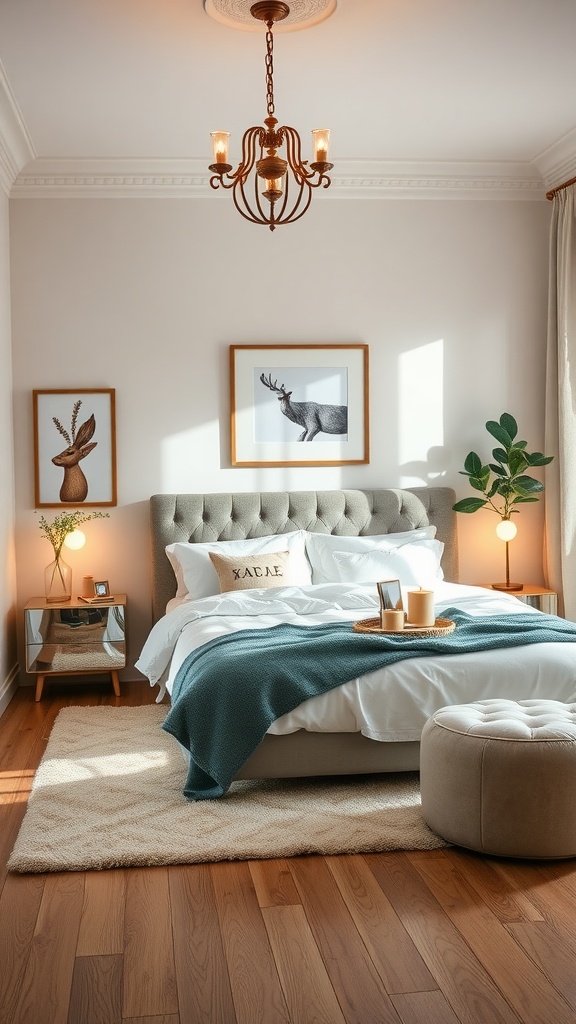 A cozy, stylish bedroom featuring a tufted bed, warm lighting, and decorative elements.