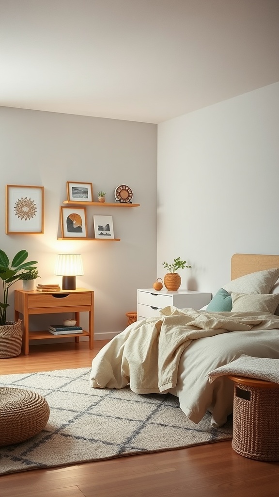 A serene bedroom featuring IKEA decor with soft colors, natural materials, and cozy lighting.