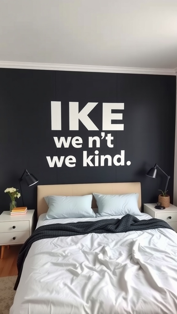 A bedroom featuring a statement wall with large white text on a black background, complemented by light bedding and stylish lamps.