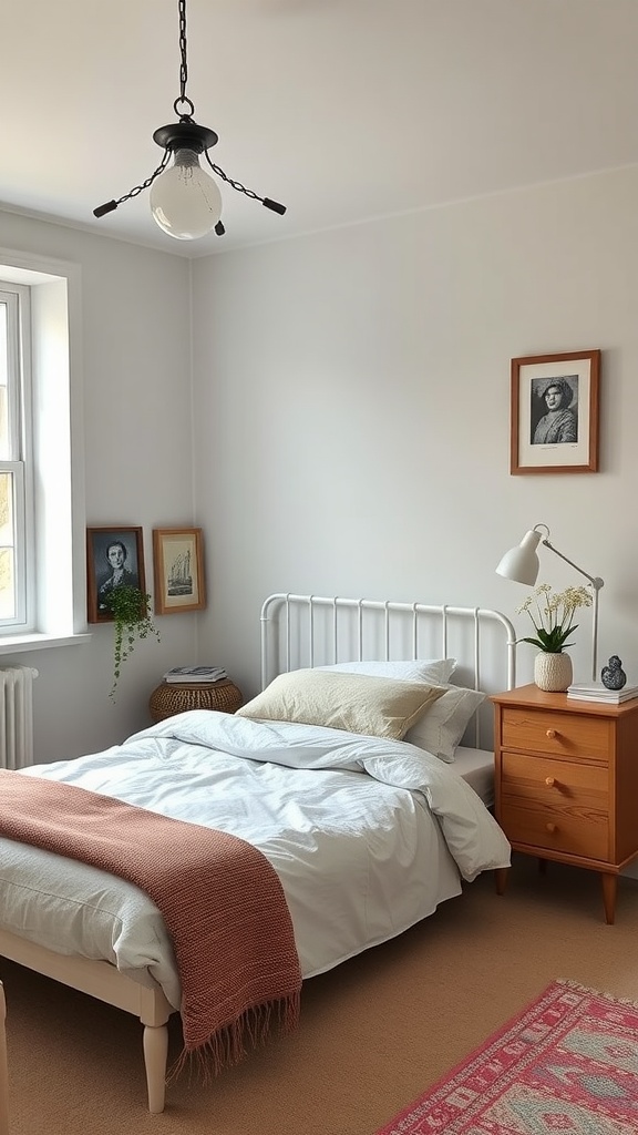 A cozy and simple bedroom design featuring a white metal bedframe, soft bedding, a wooden nightstand, and framed artwork on the walls.