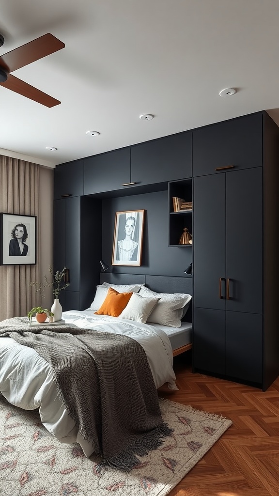 A modern bedroom featuring black storage solutions with a cozy bed and warm wood flooring.