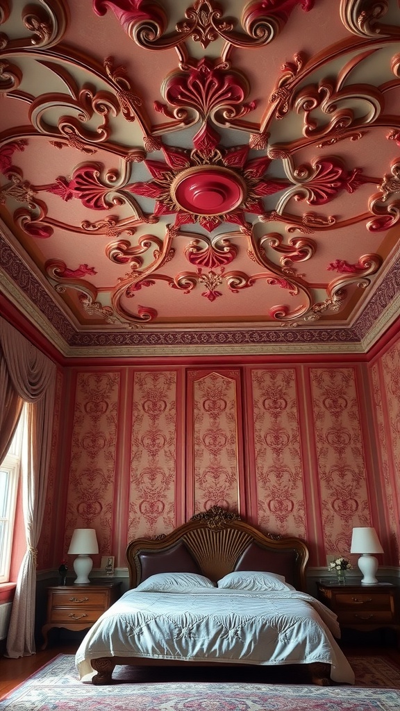 Ornate ceiling design in a romantic bedroom with detailed patterns and warm colors