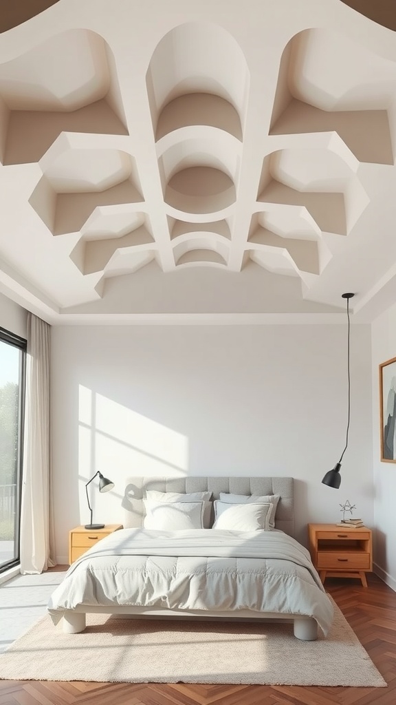 Modern bedroom with a creatively designed ceiling featuring curves and recesses
