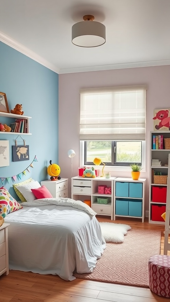 A colorful and cozy kids' bedroom with a bed, shelves, and playful decorations.