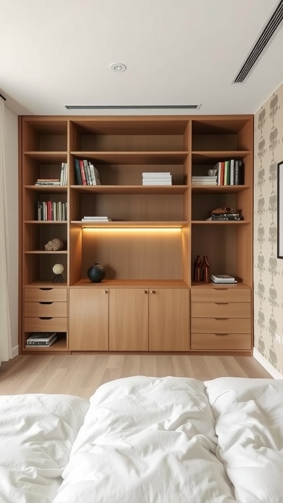 Modern bedroom storage unit with wooden shelves and cabinets