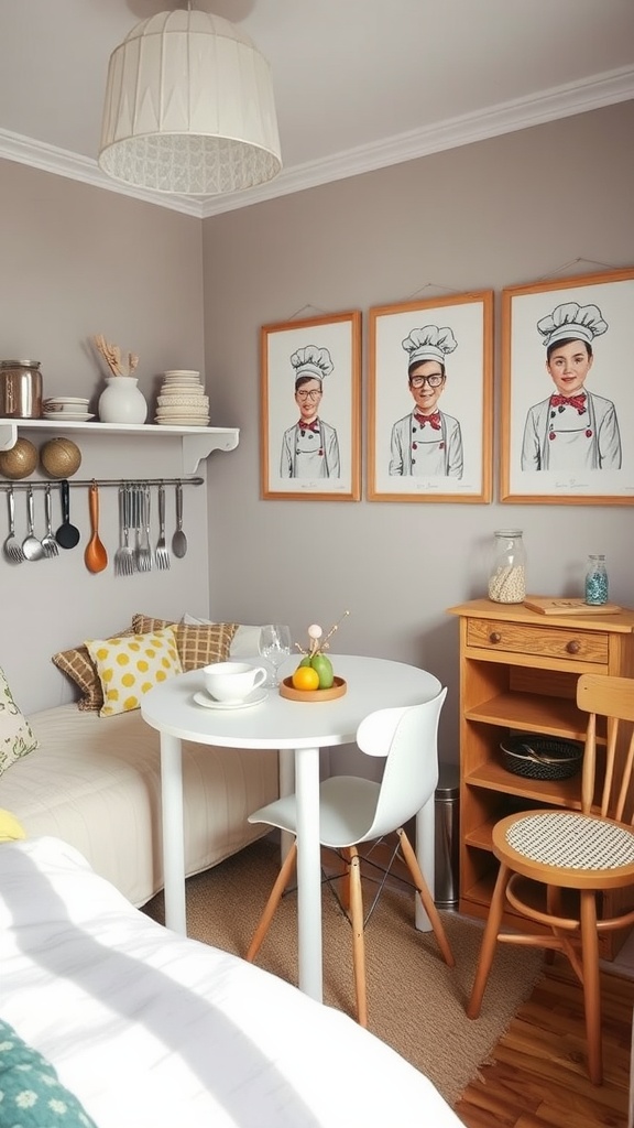 A cozy culinary corner in a bedroom with a small dining table, chairs, and chef-themed decor.