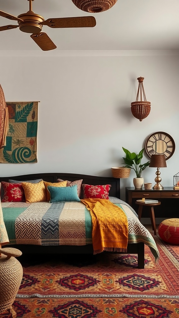 A cozy bedroom featuring a colorful quilt, woven baskets, and a decorative rug, showcasing cultural fusion aesthetics.