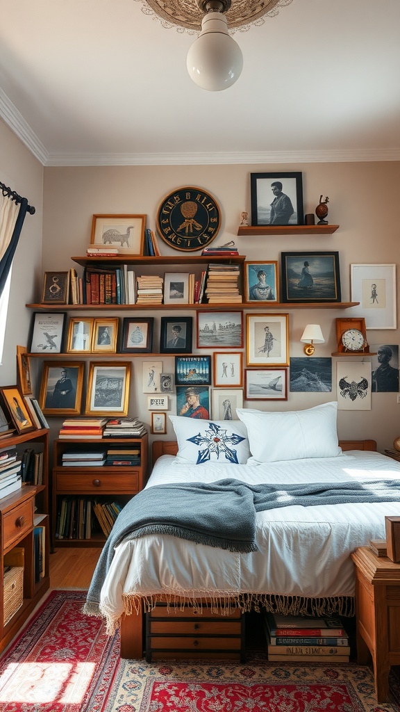 A cozy bedroom featuring a curated collection of framed artwork and photographs displayed on the wall above the bed.