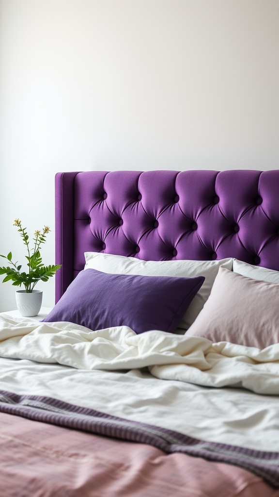 A cozy bedroom featuring a cushioned purple headboard with soft pillows and blankets.