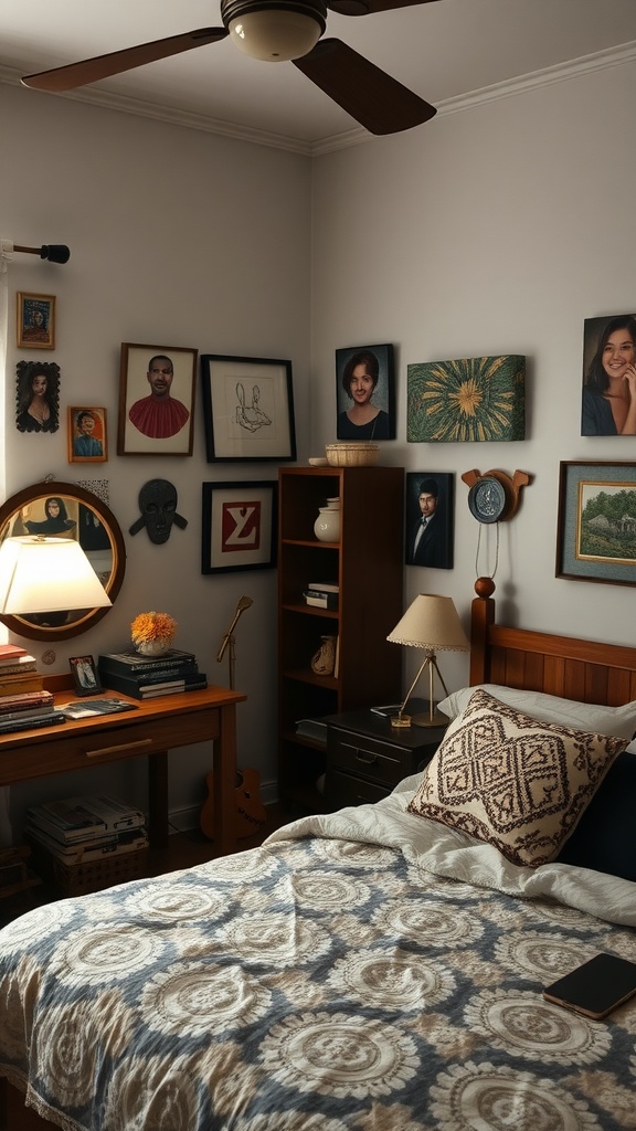 Cozy modern bedroom with personalized decor, a bed, desk, and shelves