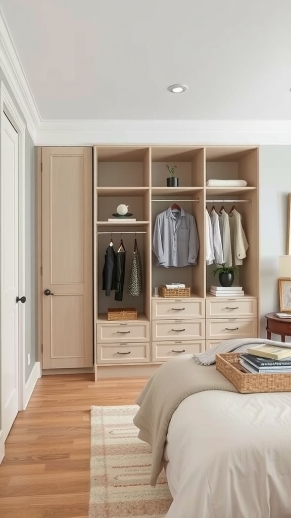 A light wood closet with open shelves, hanging clothes, and drawers in a neutral-themed bedroom.