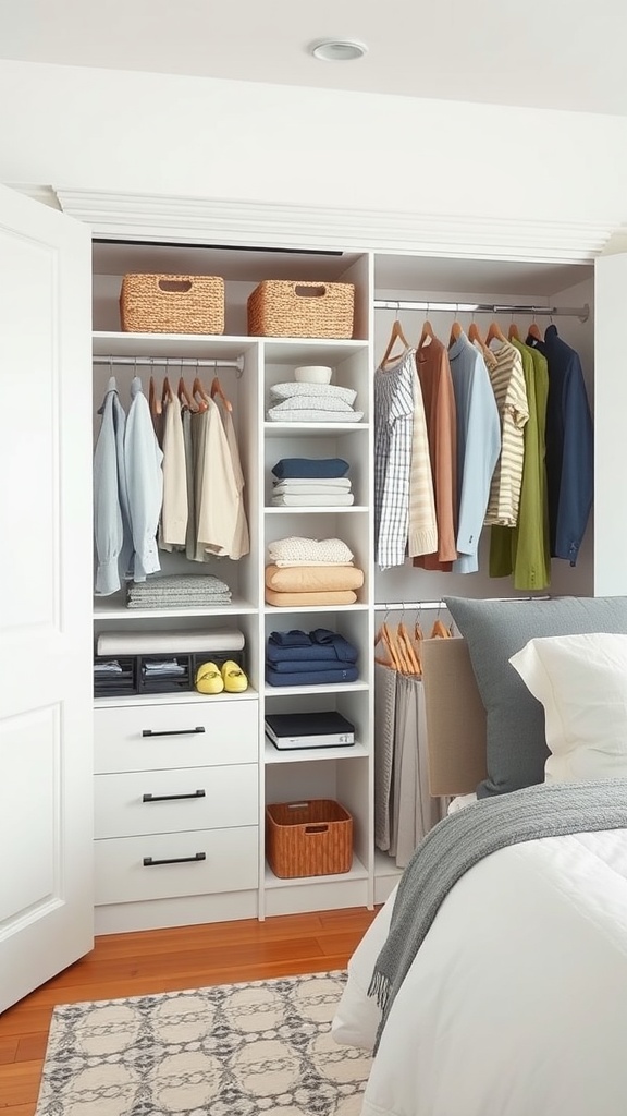 A well-organized closet featuring neatly hung clothes, shelves with folded items, and decorative baskets.