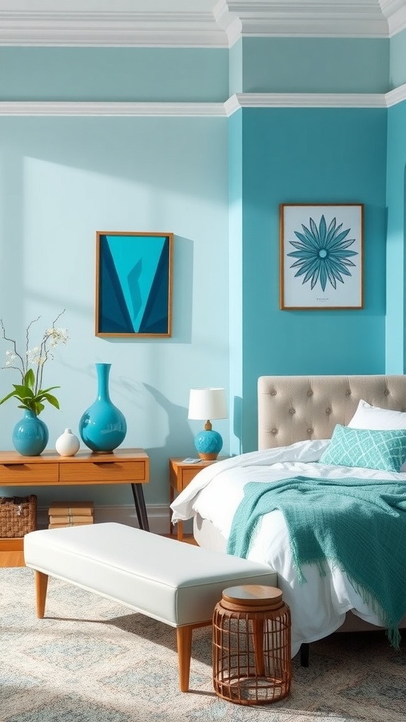 A beautifully decorated bedroom featuring cyan walls and decor accents, with a stylish bed and wooden furniture.