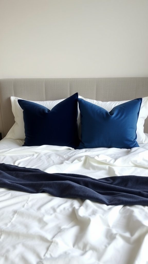 A bed with deep blue accent pillows on white bedding.
