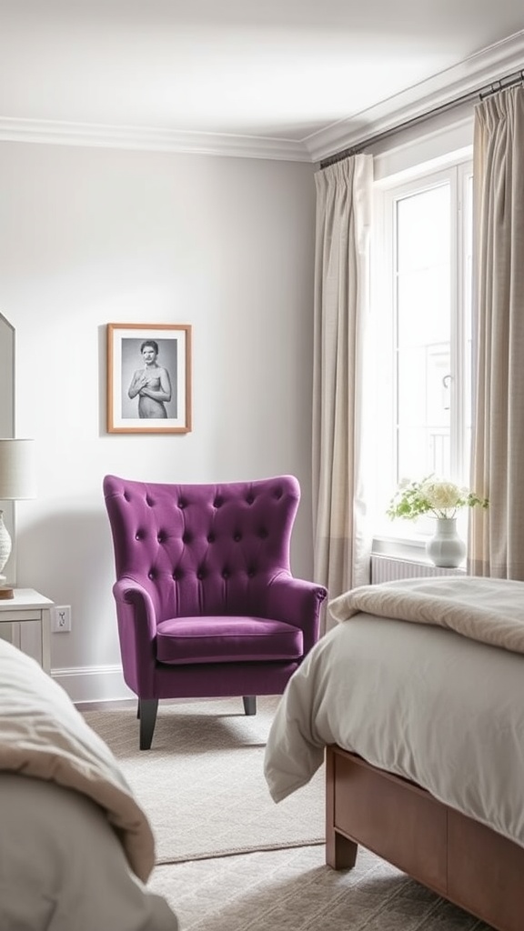 A deep purple accent chair in a bedroom with beige curtains and light bedding.