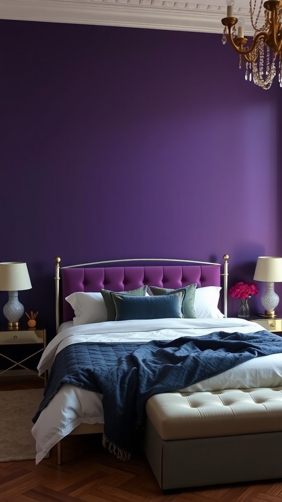 A cozy bedroom featuring a deep purple statement wall and elegant furnishings