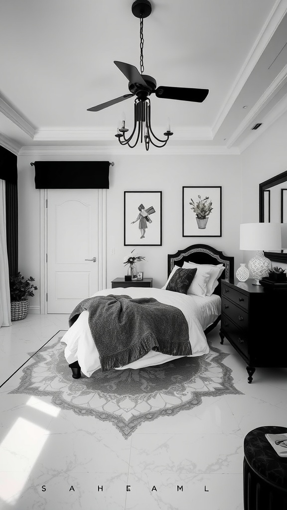 A black and white bedroom featuring a chandelier, textured throw, and framed artworks.