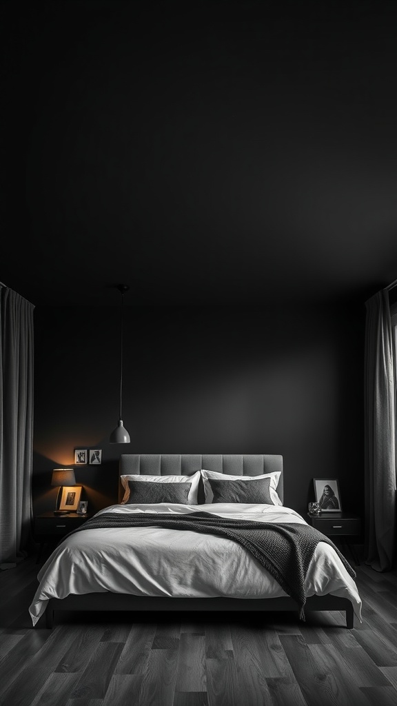 A bedroom featuring a dramatic black ceiling, minimalist decor, and a modern bed.