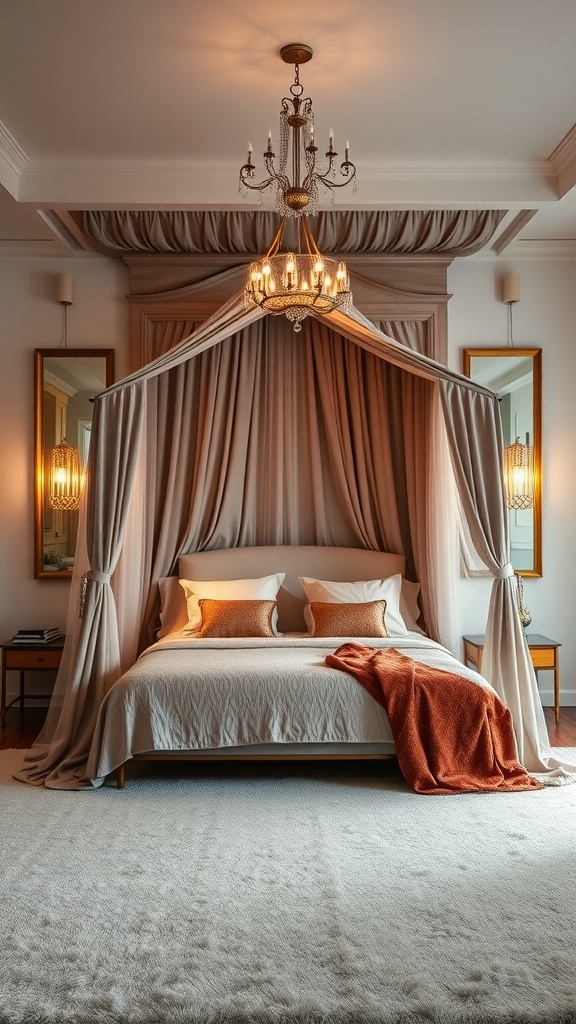 A cozy bedroom featuring a dramatic canopy bed with soft drapes, a chandelier, and warm textures.
