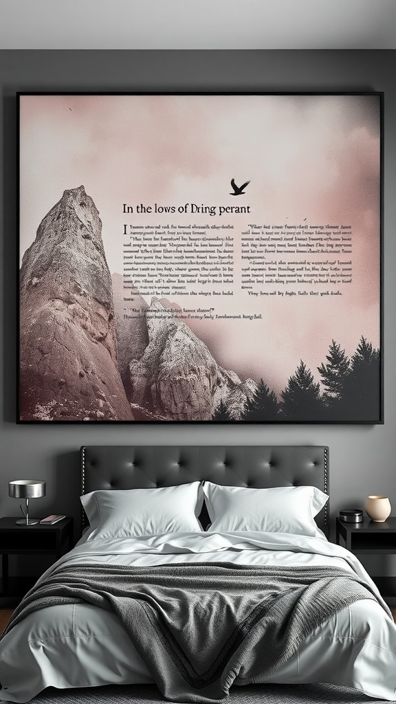 A dramatic wall art piece featuring mountains and text, hanging above a stylish bed.