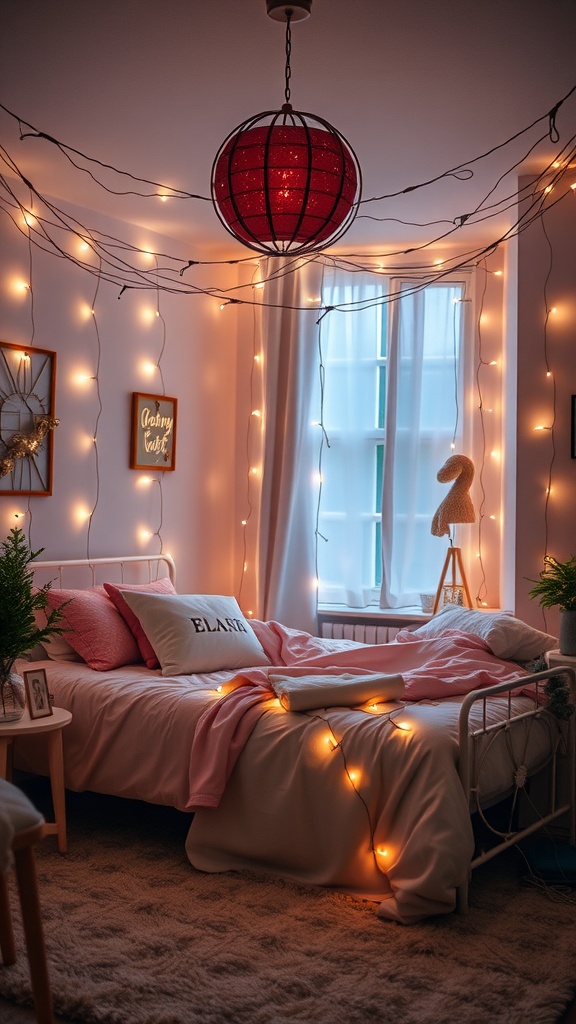 A bedroom adorned with fairy lights, a red hanging lamp, and cozy decor.