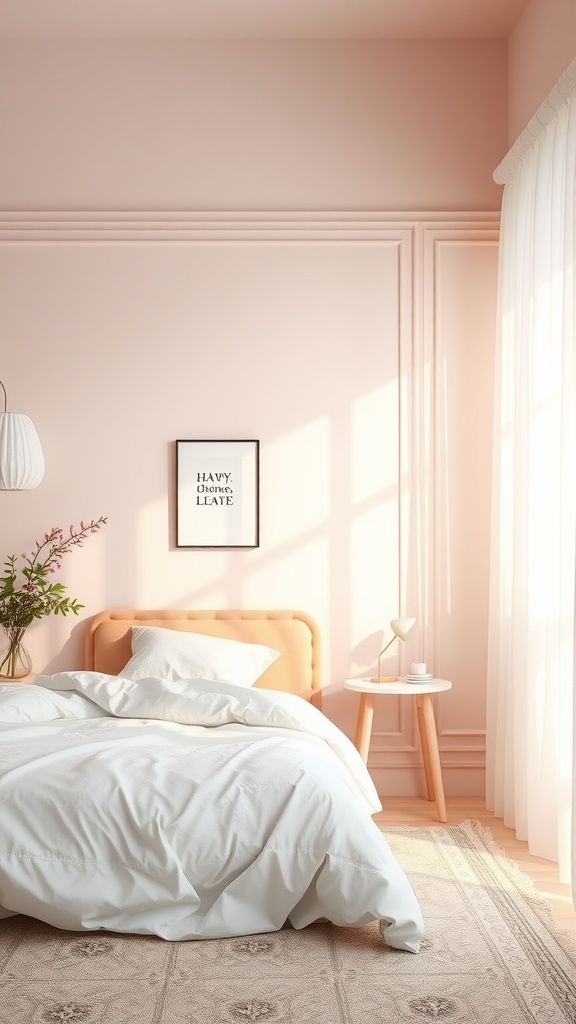A modern bedroom featuring pastel pink walls, a white bed, and simple decor