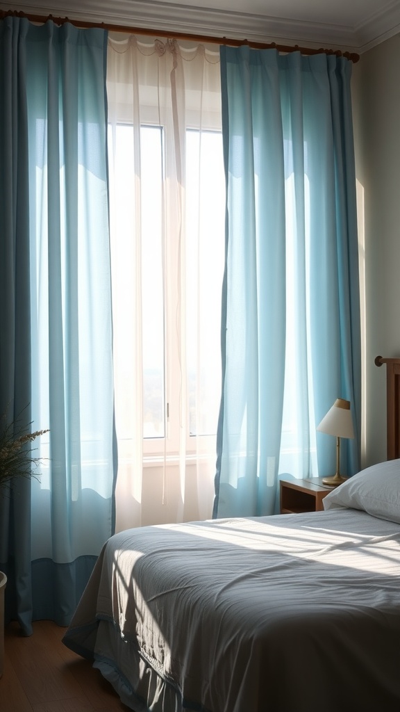 A bedroom featuring dusty blue curtains gently filtering sunlight, creating a calm and serene atmosphere.