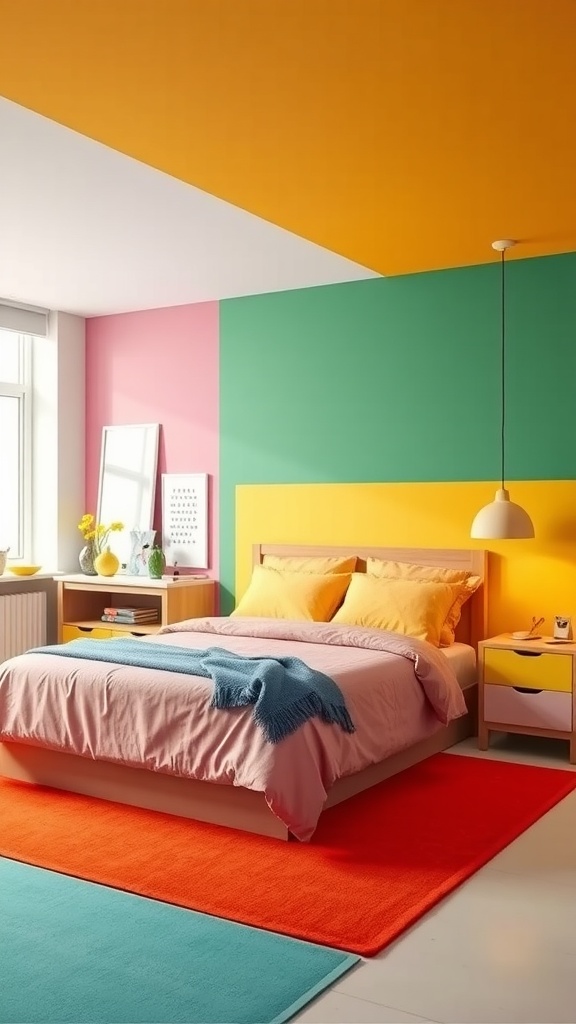 A colorful bedroom with dynamic color blocks on the walls, featuring a bed with soft bedding and vibrant rugs.