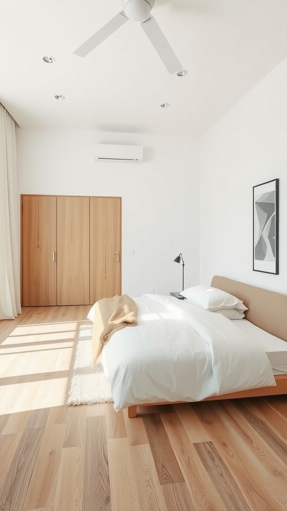 A modern bedroom featuring a minimalist layout with wooden flooring, a bed with a light comforter, and natural light streaming through