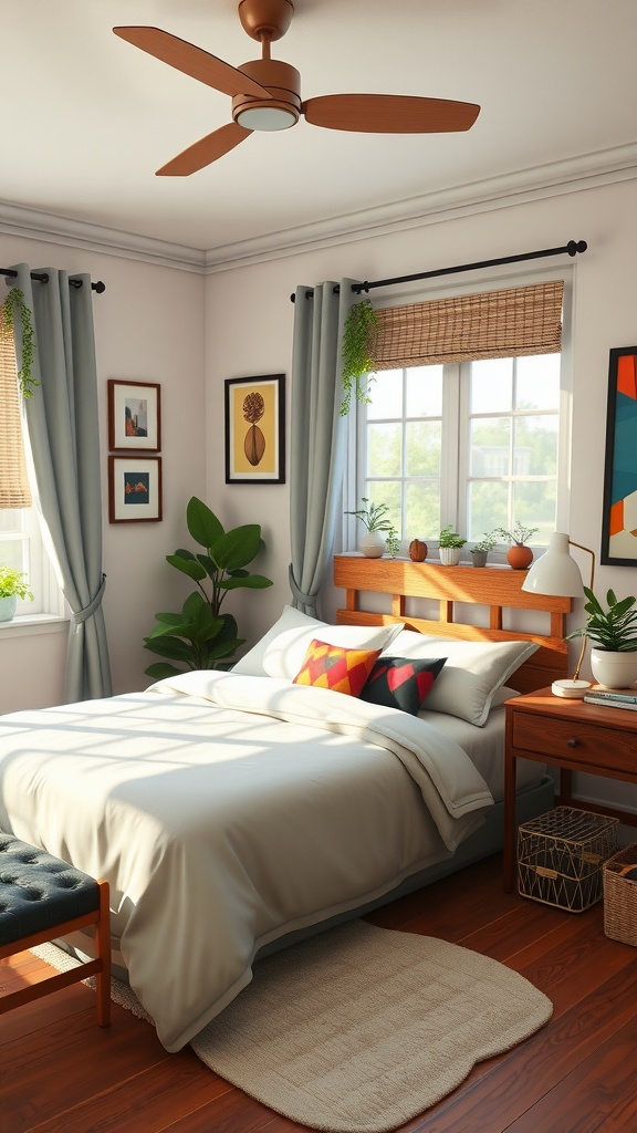An eclectic chic bedroom featuring a cozy bed, colorful pillows, plants, and stylish decor.