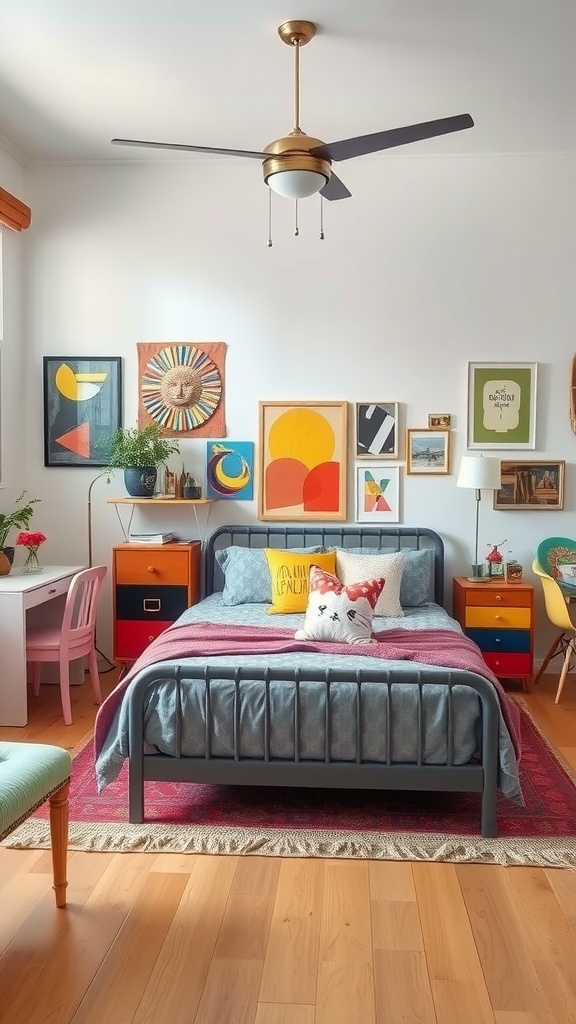 A cozy, eclectic bedroom featuring a grey bed, colorful artwork on the walls, and vibrant decor elements.