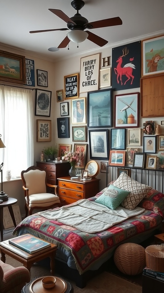 A cozy vintage bedroom with eclectic decor, featuring a bed with a colorful quilt, framed artworks on the walls, and vintage furniture.