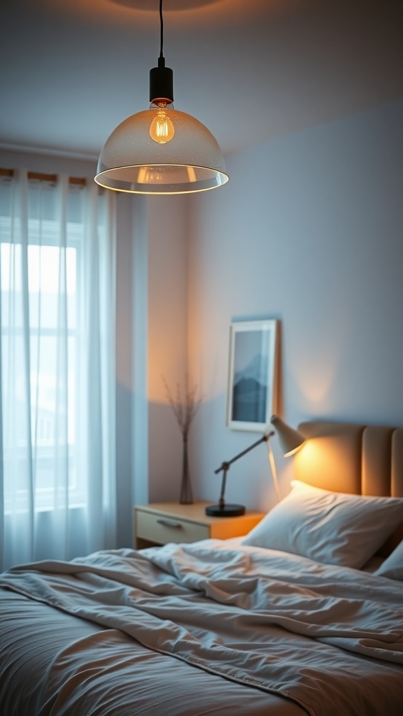 A well-lit bedroom featuring an elegant pendant light and a desk lamp, creating a cozy atmosphere.