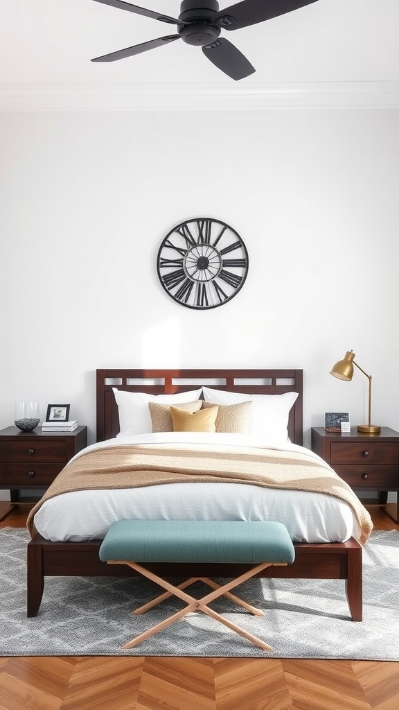 Elegant bedroom with dark wood furniture featuring a wooden bed frame, nightstands, and decorative elements.